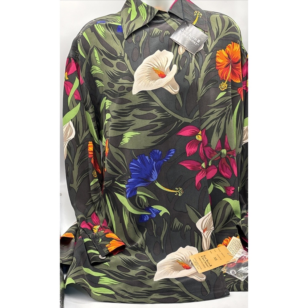 Anne Klein II Vintage Size XS Green Floral Silk Blouse Open Front Tropical